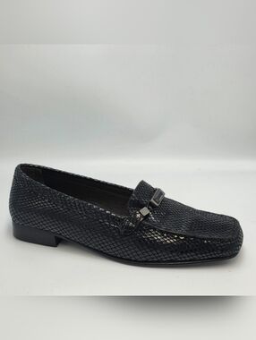 Stuart Weitzman Black Snake Embossed Leather Bit Loafers Jeweled Hardware Size 7
